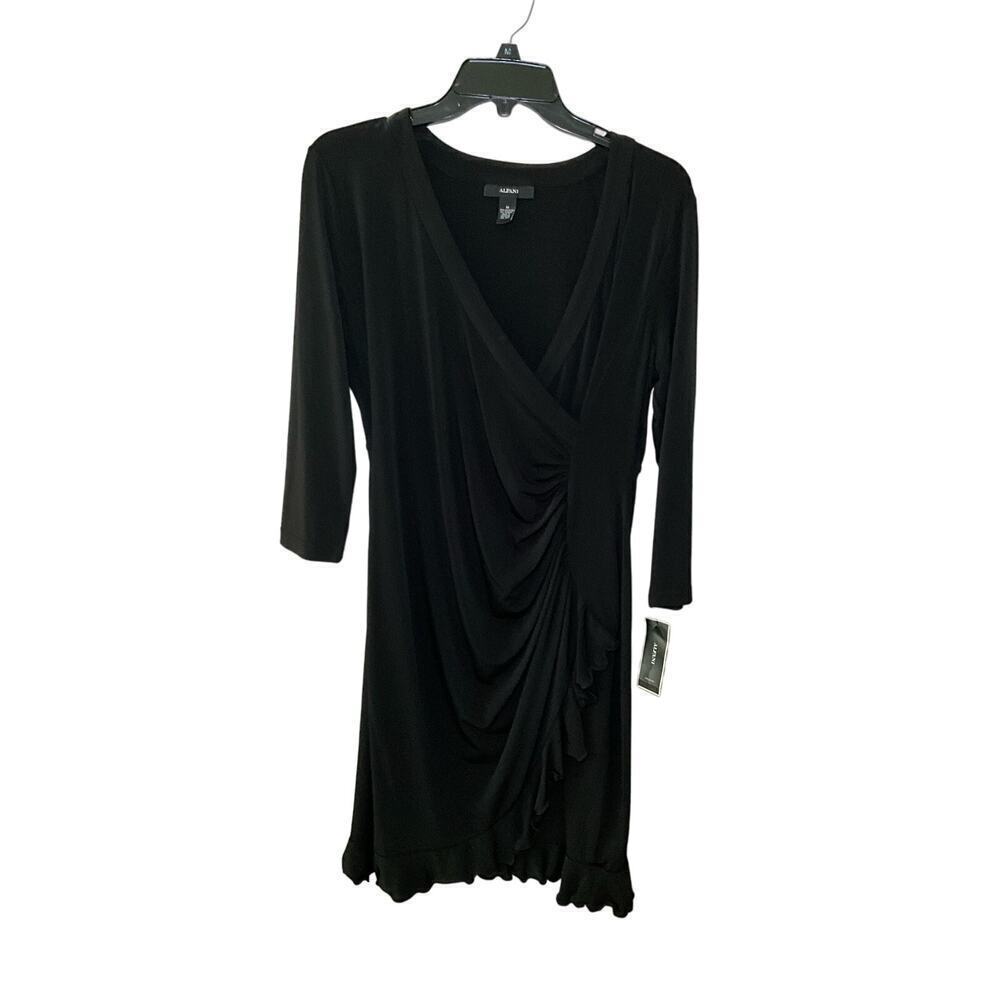 Alfani Wrap Midi Dress Women M Black‎ Ruffles Front Ruched Waist Pleated V-Neck